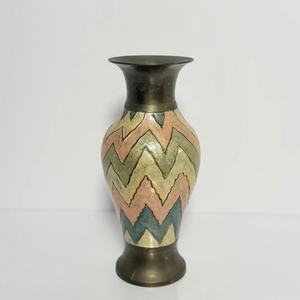Solid Brass Decorative Vase, Multicolor Chevron Zigzag Pattern, Made in India